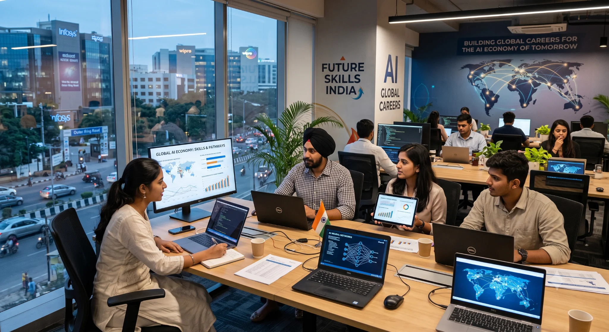 Indian students and counsellors discussing AI skills and global career pathways in a modern technology workspace